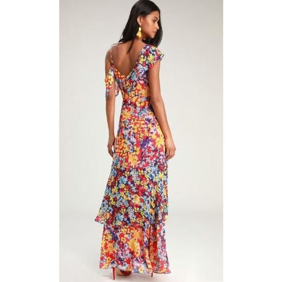 ✨Lulus Floral Cold Shoulder Maxi Dress Women’s Small Multicolor Ruffle Hem Boho - Picture 2 of 10